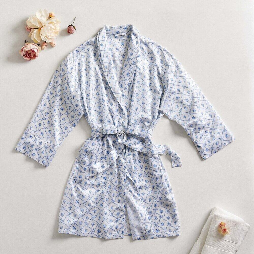 LoveShackFancy Floral Trellis Silky Robe Blue Sash Belt Pockets Small Medium NWT